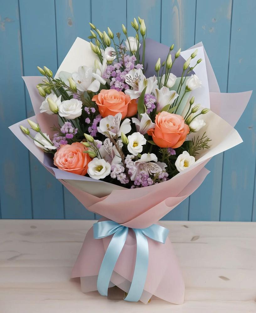 Букет цветов из: Лизиантусы, Розы, Альстромерии и Гипсофила в Обояни