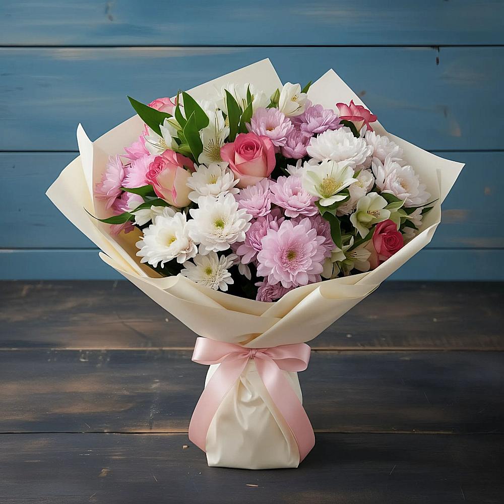 Букет цветов из: Хризантемы, Альстромерии и Розы в Обояни